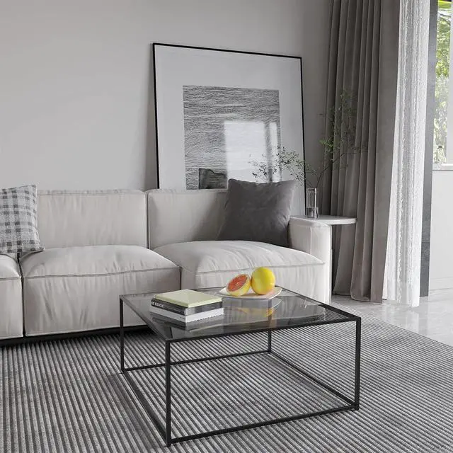 Alt view image 7 of 7 - Glass Coffee Tables for Living Room Square Modern Center Table for Small Space,Tempered Glass-top with Sturdy Metal Frame Sofa Side End Table, Easy Assembly,26.4 x 26.4 x 15.7 Inches, Gray Black