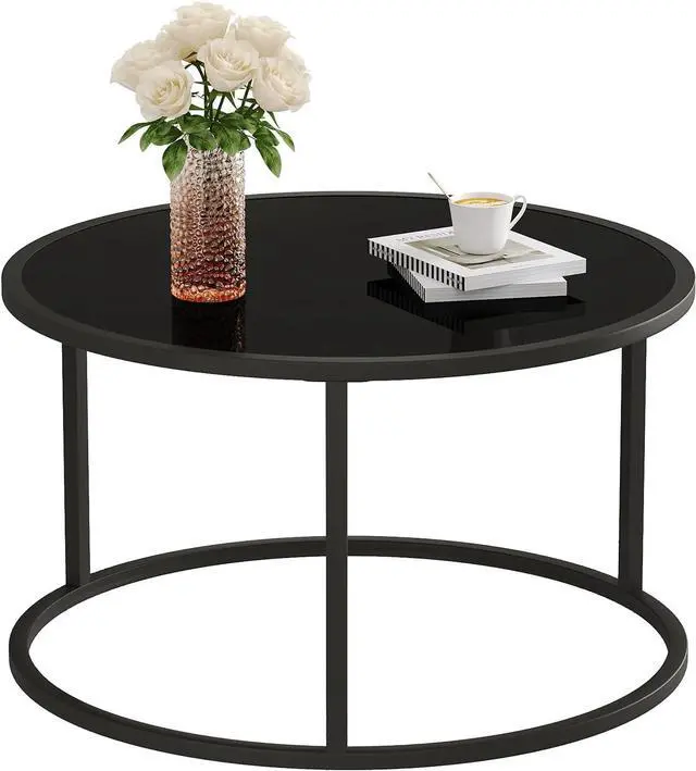 Main image of SAYGOER Black Glass Coffee Table Small Round Coffee Tables 27.6In Modern Tempered Glass-Top Accent Center Table for Living Room Home Office Small Space Easy Assembly