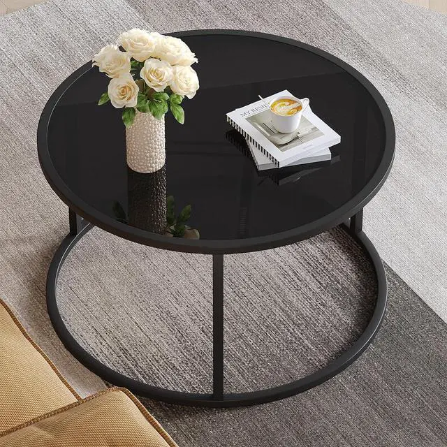 Alt view image 2 of 7 - SAYGOER Black Glass Coffee Table Small Round Coffee Tables 27.6In Modern Tempered Glass-Top Accent Center Table for Living Room Home Office Small Space Easy Assembly