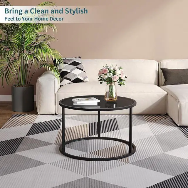 Alt view image 5 of 7 - SAYGOER Black Glass Coffee Table Small Round Coffee Tables 27.6In Modern Tempered Glass-Top Accent Center Table for Living Room Home Office Small Space Easy Assembly