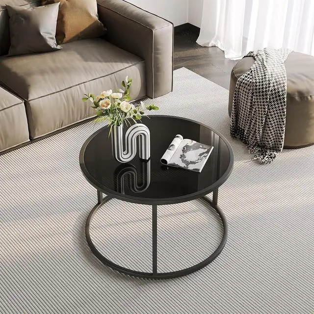 Alt view image 6 of 7 - SAYGOER Black Glass Coffee Table Small Round Coffee Tables 27.6In Modern Tempered Glass-Top Accent Center Table for Living Room Home Office Small Space Easy Assembly