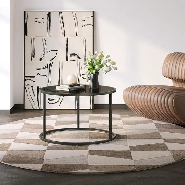 Alt view image 7 of 7 - SAYGOER Black Glass Coffee Table Small Round Coffee Tables 27.6In Modern Tempered Glass-Top Accent Center Table for Living Room Home Office Small Space Easy Assembly