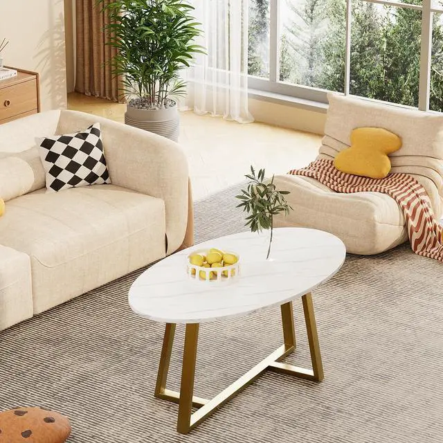 Alt view image 4 of 7 - Coffee Table White Faux Marble Coffee Table for Living Room,Oval Center Table Modern Tea Table for Small Space,Wooden Living Room Tables End Table with Sturdy Gold Metal Leg