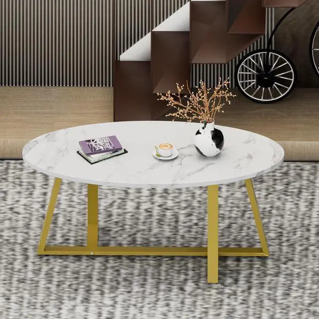Alt view image 6 of 7 - Coffee Table White Faux Marble Coffee Table for Living Room,Oval Center Table Modern Tea Table for Small Space,Wooden Living Room Tables End Table with Sturdy Gold Metal Leg