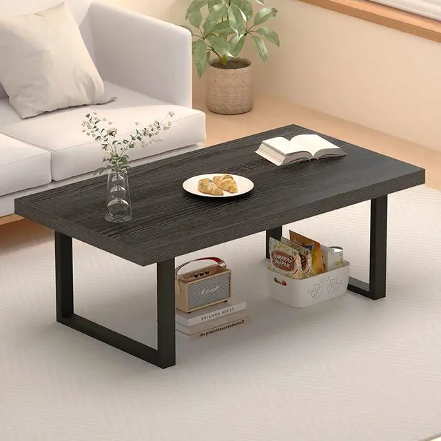Alt view image 3 of 7 - IBF Industrial Grey Coffee Table, Modern Simple Wood and Metal Center Tables, Minimalist Rectangle Wooden Living Room Table, Vintage Rustic Cocktail Tea Table for Home Bedroom, Dark Gray Oak, 39 inch
