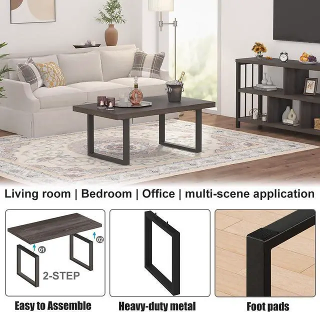 Alt view image 4 of 7 - IBF Industrial Grey Coffee Table, Modern Simple Wood and Metal Center Tables, Minimalist Rectangle Wooden Living Room Table, Vintage Rustic Cocktail Tea Table for Home Bedroom, Dark Gray Oak, 39 inch