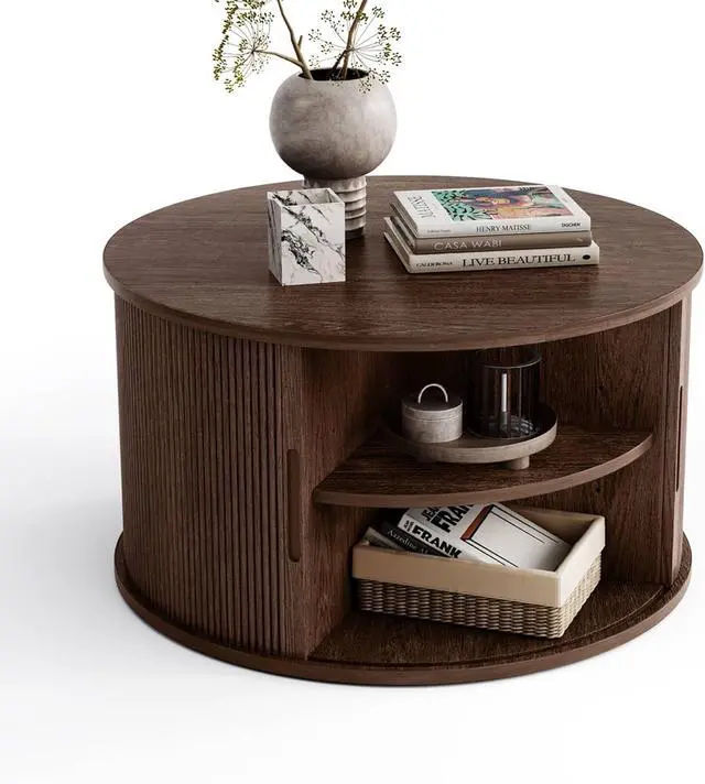Main image of LINSY HOME Round Coffee Table, 31.5" Drum Coffee Table with Sliding Tambour Door, Fluted Accent Center Table with Storage, Mid Century Modern Coffee Table for Living Room, Walnut