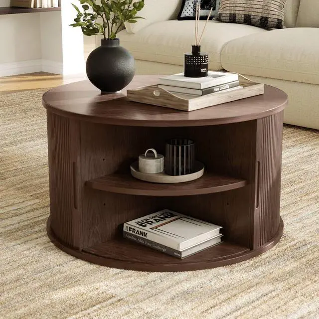 Alt view image 2 of 7 - LINSY HOME Round Coffee Table, 31.5" Drum Coffee Table with Sliding Tambour Door, Fluted Accent Center Table with Storage, Mid Century Modern Coffee Table for Living Room, Walnut