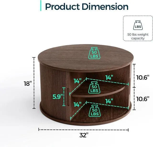 Alt view image 3 of 7 - LINSY HOME Round Coffee Table, 31.5" Drum Coffee Table with Sliding Tambour Door, Fluted Accent Center Table with Storage, Mid Century Modern Coffee Table for Living Room, Walnut