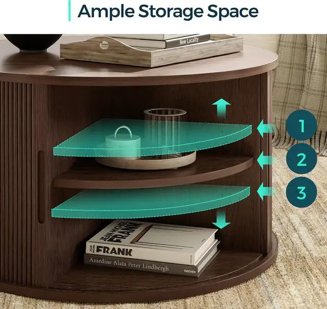 Alt view image 4 of 7 - LINSY HOME Round Coffee Table, 31.5" Drum Coffee Table with Sliding Tambour Door, Fluted Accent Center Table with Storage, Mid Century Modern Coffee Table for Living Room, Walnut