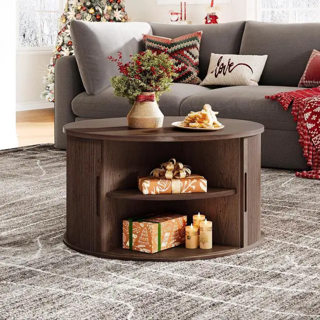 Alt view image 5 of 7 - LINSY HOME Round Coffee Table, 31.5" Drum Coffee Table with Sliding Tambour Door, Fluted Accent Center Table with Storage, Mid Century Modern Coffee Table for Living Room, Walnut