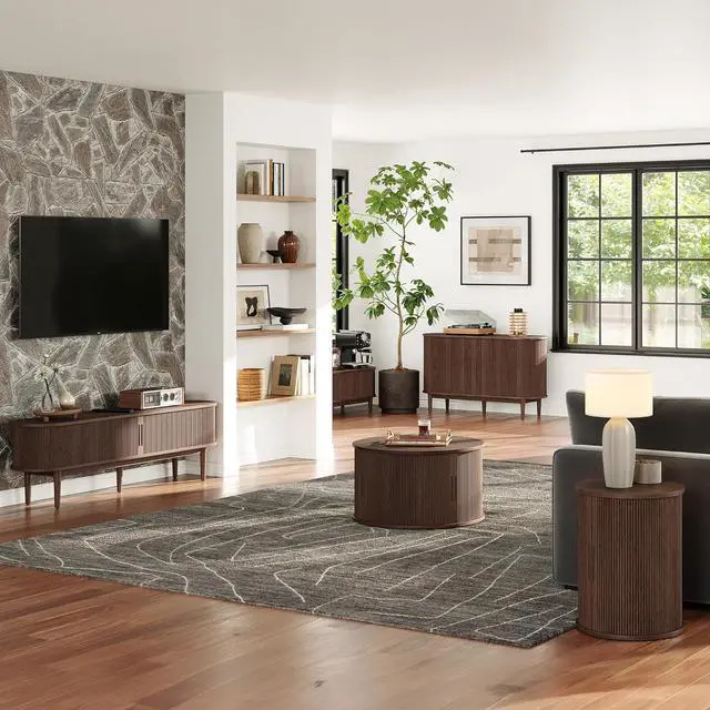 Alt view image 7 of 7 - LINSY HOME Round Coffee Table, 31.5" Drum Coffee Table with Sliding Tambour Door, Fluted Accent Center Table with Storage, Mid Century Modern Coffee Table for Living Room, Walnut