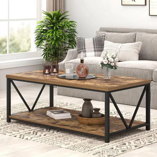Alt view image 3 of 7 - EXCEFUR Modern Coffee Table, Rustic Wood and Metal Living Room Table with Storage Shelf, Industrial Rectangle Center Table, 47 Inch Brown
