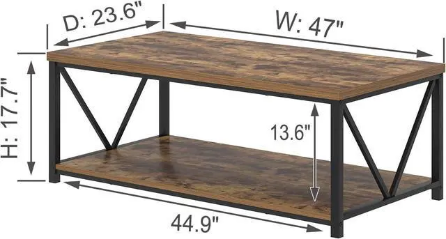 Alt view image 2 of 7 - EXCEFUR Modern Coffee Table, Rustic Wood and Metal Living Room Table with Storage Shelf, Industrial Rectangle Center Table, 47 Inch Brown