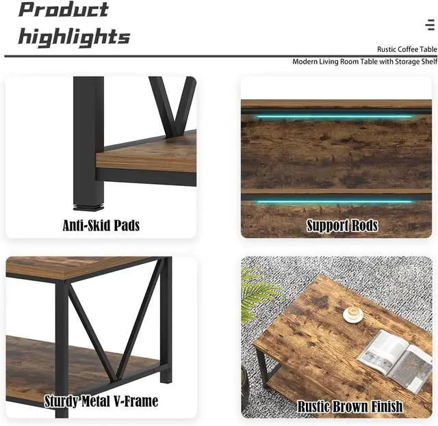 Alt view image 5 of 7 - EXCEFUR Modern Coffee Table, Rustic Wood and Metal Living Room Table with Storage Shelf, Industrial Rectangle Center Table, 47 Inch Brown