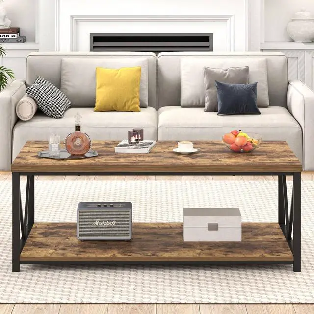 Alt view image 7 of 7 - EXCEFUR Modern Coffee Table, Rustic Wood and Metal Living Room Table with Storage Shelf, Industrial Rectangle Center Table, 47 Inch Brown