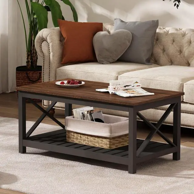 Alt view image 3 of 7 - ChooChoo Coffee Table, Rustic Vintage Farmhouse Living Room Table with Shelf, 40