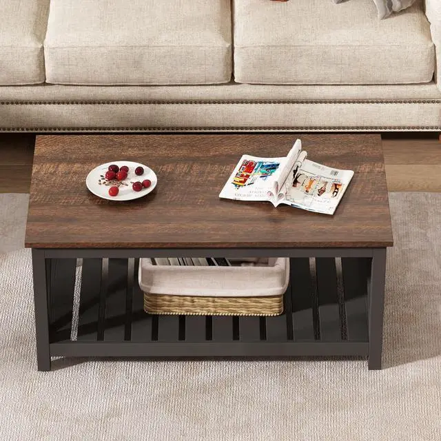 Alt view image 4 of 7 - ChooChoo Coffee Table, Rustic Vintage Farmhouse Living Room Table with Shelf, 40