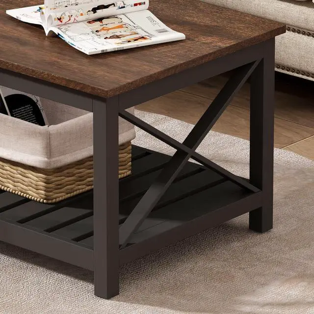 Alt view image 5 of 7 - ChooChoo Coffee Table, Rustic Vintage Farmhouse Living Room Table with Shelf, 40