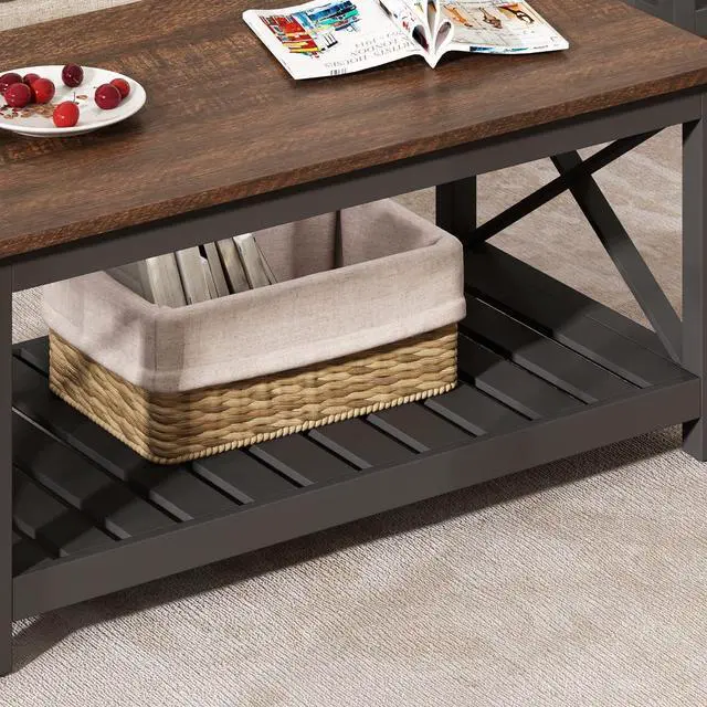 Alt view image 6 of 7 - ChooChoo Coffee Table, Rustic Vintage Farmhouse Living Room Table with Shelf, 40