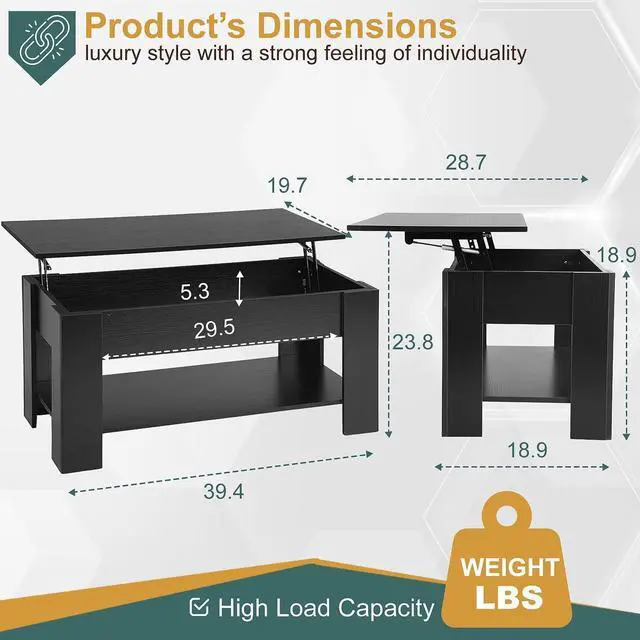 Alt view image 2 of 7 - PayLessHere Coffee Table Lift Top Coffee Tables with Hidden Compartment and Storage Shelf Wooden Lift Tabletop Dining Table for Living Room Home (Black, 39" D x 28" W x 24" H)