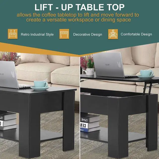 Alt view image 5 of 7 - PayLessHere Coffee Table Lift Top Coffee Tables with Hidden Compartment and Storage Shelf Wooden Lift Tabletop Dining Table for Living Room Home (Black, 39" D x 28" W x 24" H)