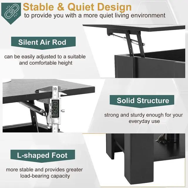 Alt view image 7 of 7 - PayLessHere Coffee Table Lift Top Coffee Tables with Hidden Compartment and Storage Shelf Wooden Lift Tabletop Dining Table for Living Room Home (Black, 39" D x 28" W x 24" H)