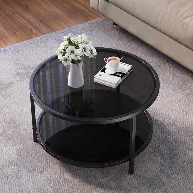 Alt view image 2 of 7 - SAYGOER 27.6'' Round Coffee Table 2 Tier Black Glass Coffee Tables with Storage Shelf for Large or Small Space Modern Simple Sofa Table for Living Room Home Office, Easy Assembly