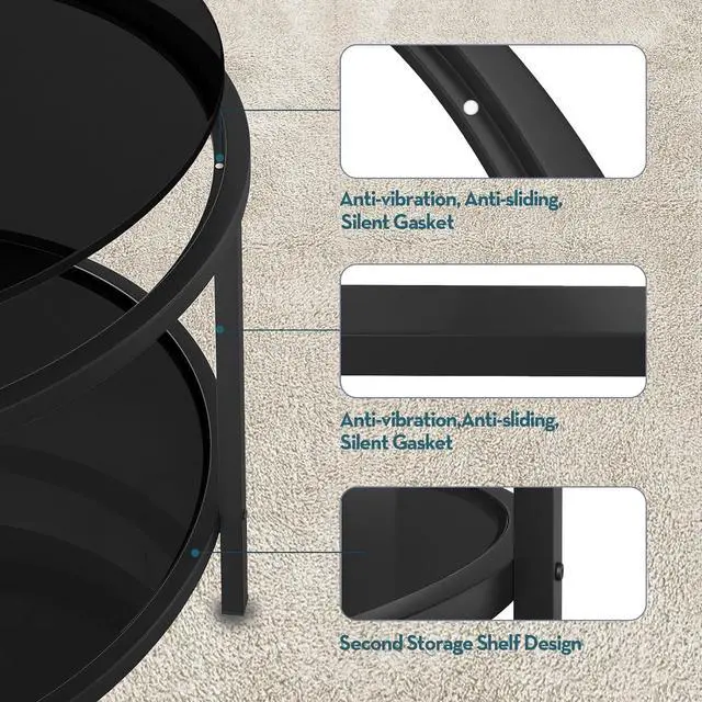 Alt view image 3 of 7 - SAYGOER 27.6'' Round Coffee Table 2 Tier Black Glass Coffee Tables with Storage Shelf for Large or Small Space Modern Simple Sofa Table for Living Room Home Office, Easy Assembly
