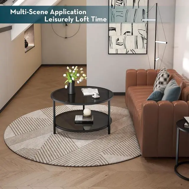 Alt view image 7 of 7 - SAYGOER 27.6'' Round Coffee Table 2 Tier Black Glass Coffee Tables with Storage Shelf for Large or Small Space Modern Simple Sofa Table for Living Room Home Office, Easy Assembly