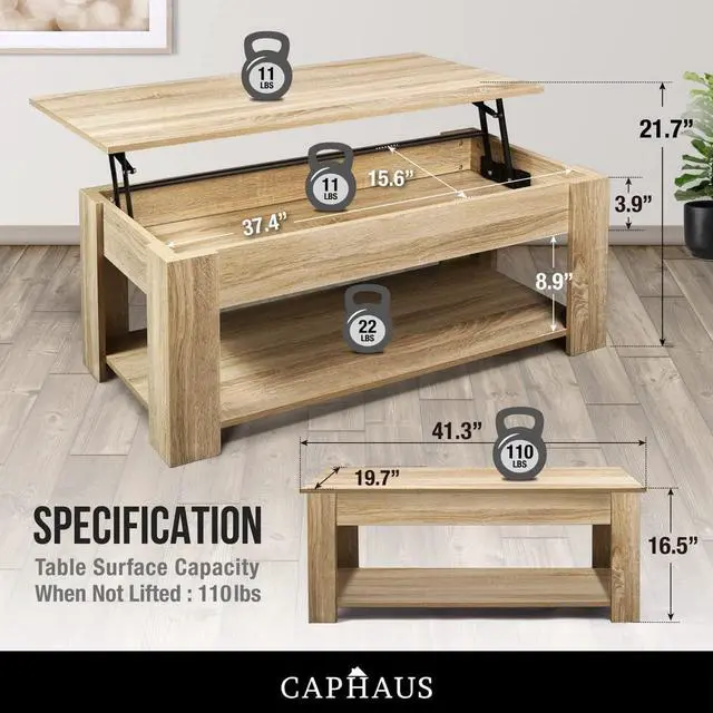 Alt view image 3 of 7 - CAPHAUS Lift Top Coffee Table w/Storage, Storage Coffee Table w/Lift Top for Living Room, Rising Tabletop Coffee Table w/Hidden Compartment, Coffee Table w/Bottom Open Shelf, 41" Natural Oak