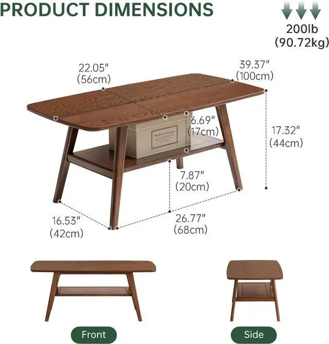 Alt view image 2 of 7 - 100% Solid Oak Wood Coffee Table for Living Room, Small Coffee Table with Shelf Storage, Mid Century Modern Coffee Table with Rounded Corners (Walnut,39.37" W x 22.05" D x 17.32" H)