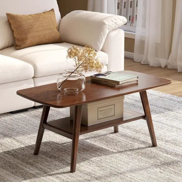 Main image of 100% Solid Oak Wood Coffee Table for Living Room, Small Coffee Table with Shelf Storage, Mid Century Modern Coffee Table with Rounded Corners (Walnut,39.37" W x 22.05" D x 17.32" H)