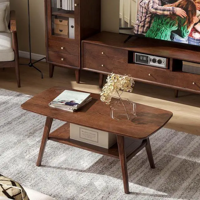 Alt view image 3 of 7 - 100% Solid Oak Wood Coffee Table for Living Room, Small Coffee Table with Shelf Storage, Mid Century Modern Coffee Table with Rounded Corners (Walnut,39.37" W x 22.05" D x 17.32" H)