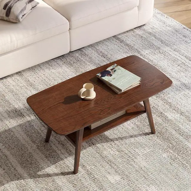 Alt view image 6 of 7 - 100% Solid Oak Wood Coffee Table for Living Room, Small Coffee Table with Shelf Storage, Mid Century Modern Coffee Table with Rounded Corners (Walnut,39.37" W x 22.05" D x 17.32" H)