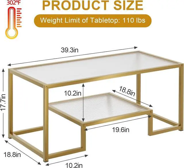 Main image of Coffee Table Gold Glass Coffee Table for Living Room,2 Tiers Rectangle Center Table with Ribbed Glass Top and Sturdy Metal Frame,Modern Glass Accent Table for Bedroom Home Office
