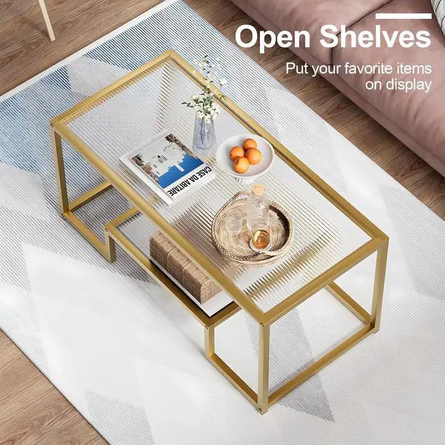 Alt view image 3 of 6 - Coffee Table Gold Glass Coffee Table for Living Room,2 Tiers Rectangle Center Table with Ribbed Glass Top and Sturdy Metal Frame,Modern Glass Accent Table for Bedroom Home Office