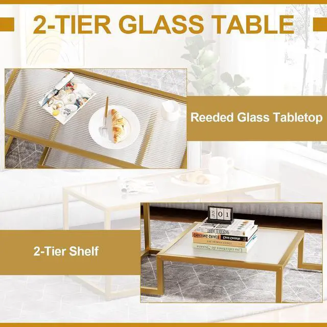 Alt view image 4 of 6 - Coffee Table Gold Glass Coffee Table for Living Room,2 Tiers Rectangle Center Table with Ribbed Glass Top and Sturdy Metal Frame,Modern Glass Accent Table for Bedroom Home Office