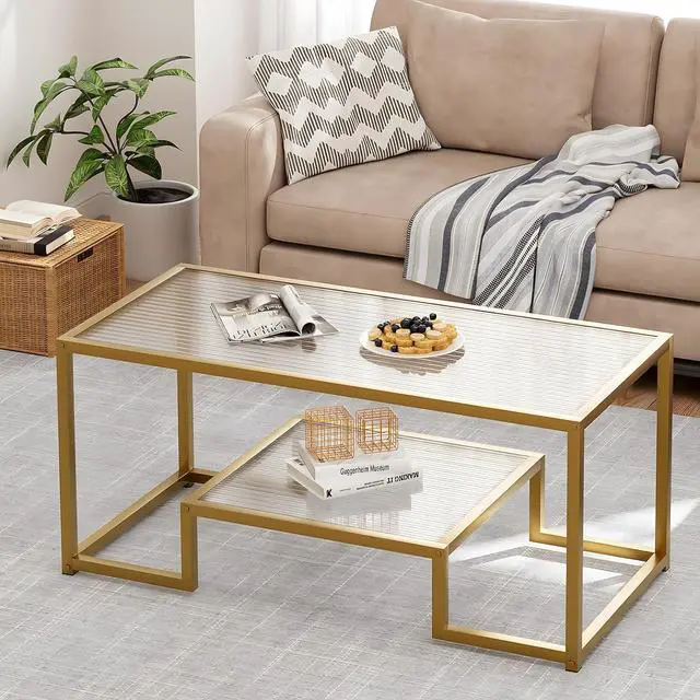 Alt view image 5 of 6 - Coffee Table Gold Glass Coffee Table for Living Room,2 Tiers Rectangle Center Table with Ribbed Glass Top and Sturdy Metal Frame,Modern Glass Accent Table for Bedroom Home Office