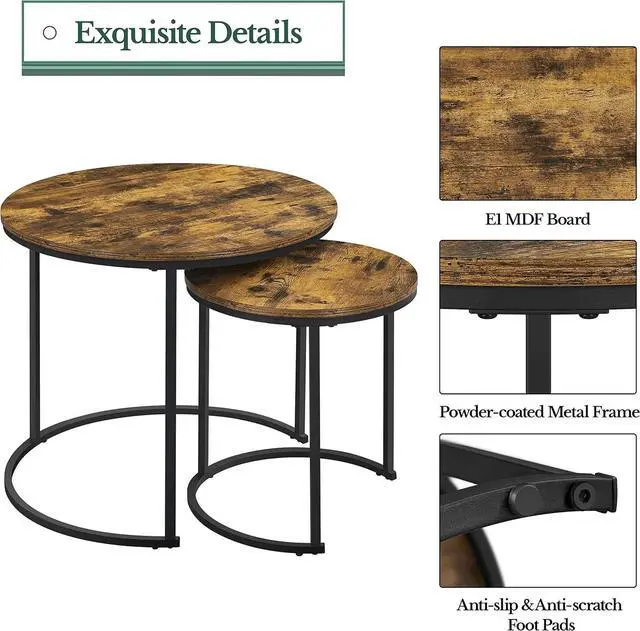 Alt view image 5 of 7 - Yaheetech Nesting Coffee Table, Round Coffee Table for Living Room, Nesting Table with Wooden Tabletop and Sturdy Metal Frame, Stacking Living Room Tables Nesting End Table Set of 2, Rustic Brown