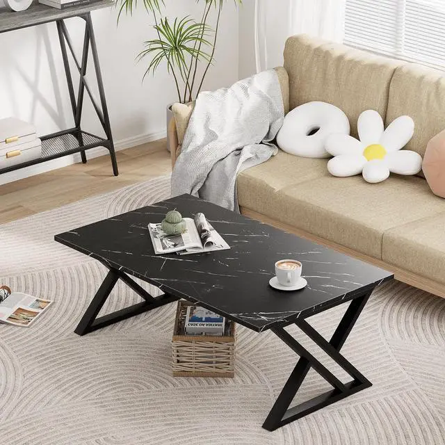 Alt view image 2 of 7 - Coffee Table Living Room Table Black Center Table, Simple Modern Faux Marble Rectangular Tea Table with Sturdy Black-Finished Metal Frame,Industrial Wooden Coffee Table for Bedroom Home Office