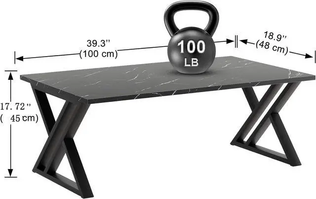 Alt view image 3 of 7 - Coffee Table Living Room Table Black Center Table, Simple Modern Faux Marble Rectangular Tea Table with Sturdy Black-Finished Metal Frame,Industrial Wooden Coffee Table for Bedroom Home Office