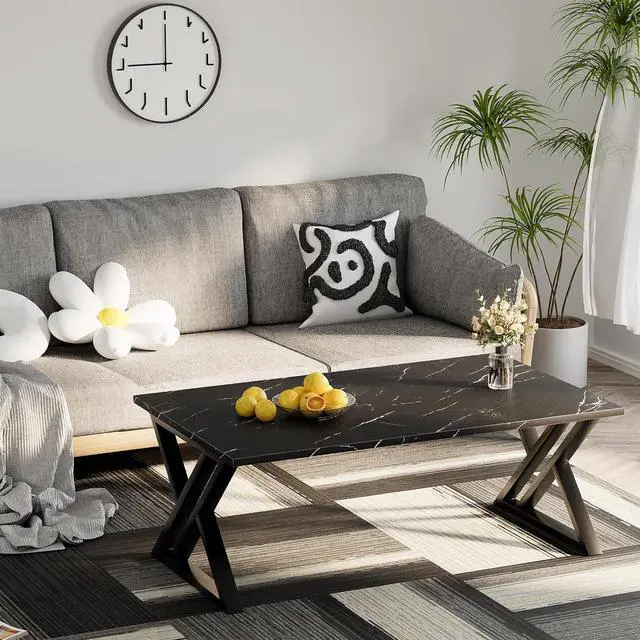 Alt view image 4 of 7 - Coffee Table Living Room Table Black Center Table, Simple Modern Faux Marble Rectangular Tea Table with Sturdy Black-Finished Metal Frame,Industrial Wooden Coffee Table for Bedroom Home Office