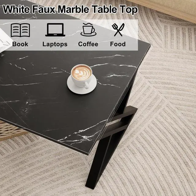 Alt view image 5 of 7 - Coffee Table Living Room Table Black Center Table, Simple Modern Faux Marble Rectangular Tea Table with Sturdy Black-Finished Metal Frame,Industrial Wooden Coffee Table for Bedroom Home Office