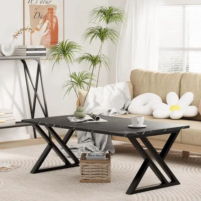 Alt view image 6 of 7 - Coffee Table Living Room Table Black Center Table, Simple Modern Faux Marble Rectangular Tea Table with Sturdy Black-Finished Metal Frame,Industrial Wooden Coffee Table for Bedroom Home Office
