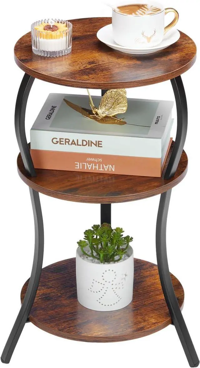 Main image of Vintage Small Round Side Table, 3-Tier Slim Waist Circular End Table with Storage Shelf, Compact Tea Sofa Table, Round Corner Coffee Table Nightstand for Living Room Bedroom Small Spaces,Rustic Brown