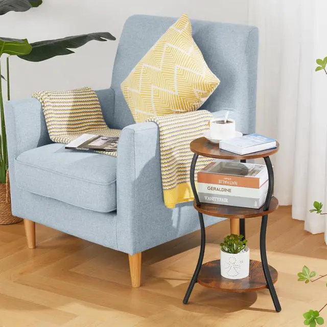 Alt view image 4 of 7 - Vintage Small Round Side Table, 3-Tier Slim Waist Circular End Table with Storage Shelf, Compact Tea Sofa Table, Round Corner Coffee Table Nightstand for Living Room Bedroom Small Spaces,Rustic Brown