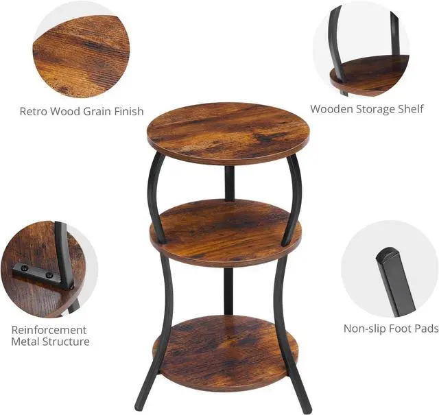 Alt view image 5 of 7 - Vintage Small Round Side Table, 3-Tier Slim Waist Circular End Table with Storage Shelf, Compact Tea Sofa Table, Round Corner Coffee Table Nightstand for Living Room Bedroom Small Spaces,Rustic Brown