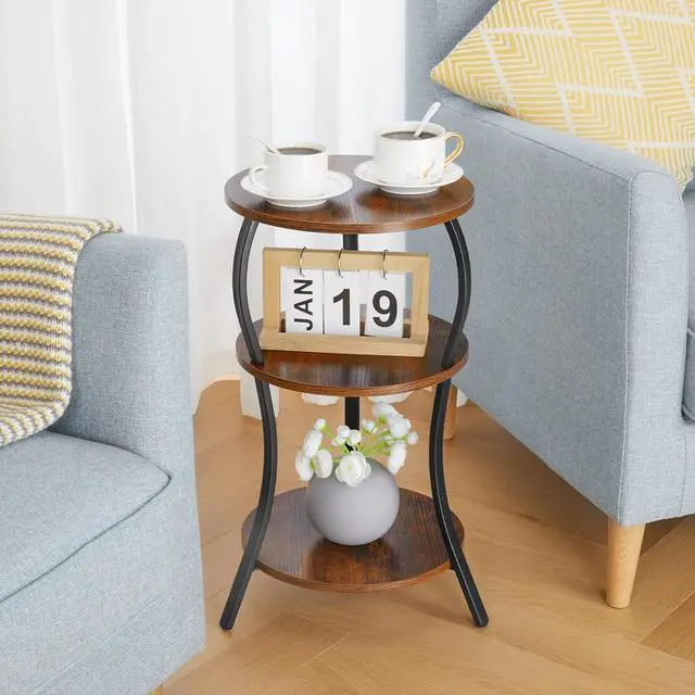 Alt view image 6 of 7 - Vintage Small Round Side Table, 3-Tier Slim Waist Circular End Table with Storage Shelf, Compact Tea Sofa Table, Round Corner Coffee Table Nightstand for Living Room Bedroom Small Spaces,Rustic Brown