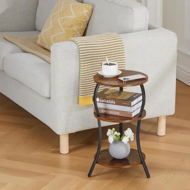 Alt view image 7 of 7 - Vintage Small Round Side Table, 3-Tier Slim Waist Circular End Table with Storage Shelf, Compact Tea Sofa Table, Round Corner Coffee Table Nightstand for Living Room Bedroom Small Spaces,Rustic Brown